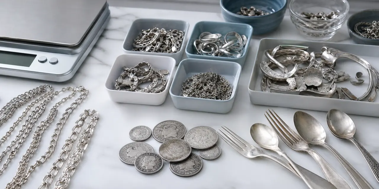 Scrap silver jewelry and flatware sorted before calculating value