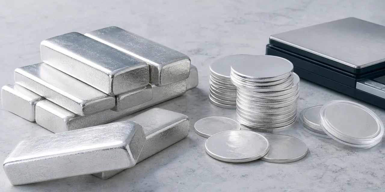 Fine silver bars and coins arranged for an online silver calculator estimate