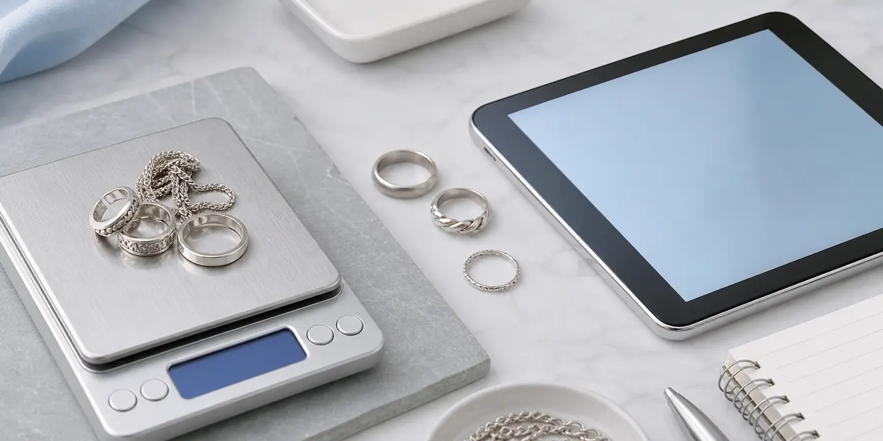 Silver calculator showing jewelry weight, purity, and melt value on a clean workbench